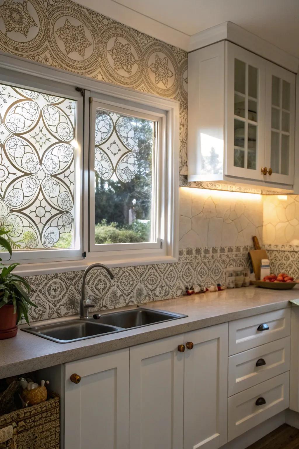 Artistic glass backsplash windows supply solitude and a hint of inventiveness within the kitchen.