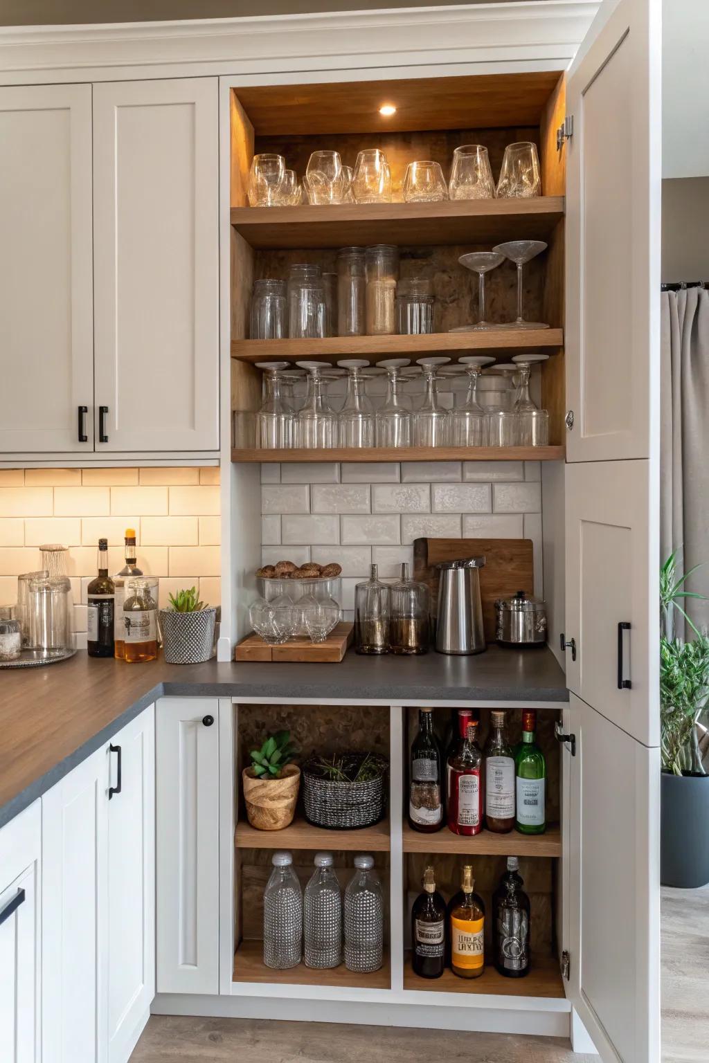 Open shelves introduce an engaging element to this bar cabinet.