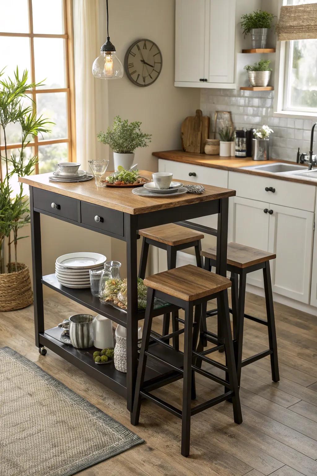 Multi-use furnishings maximize functionality in small kitchens.