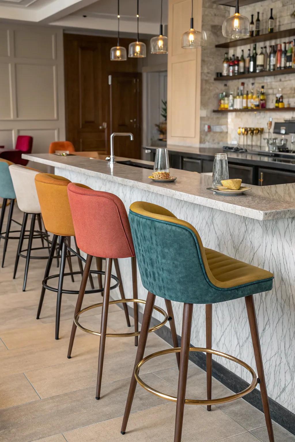 Different seating styles inject character into your kitchen bar.