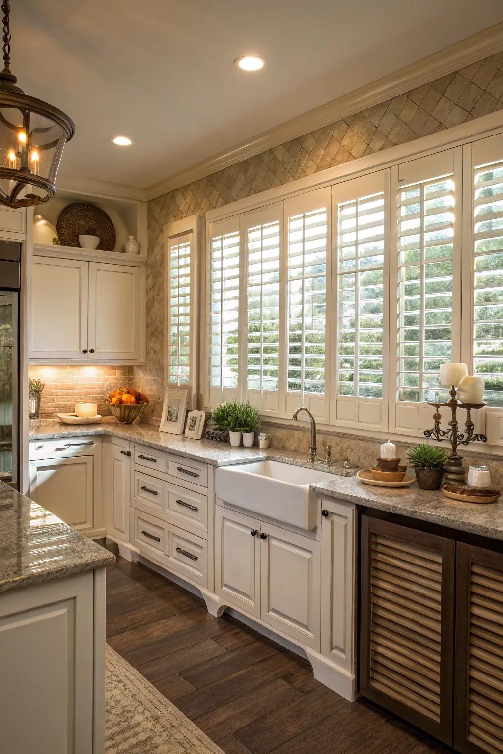 Elegant plantation shutters in a welcoming kitchen