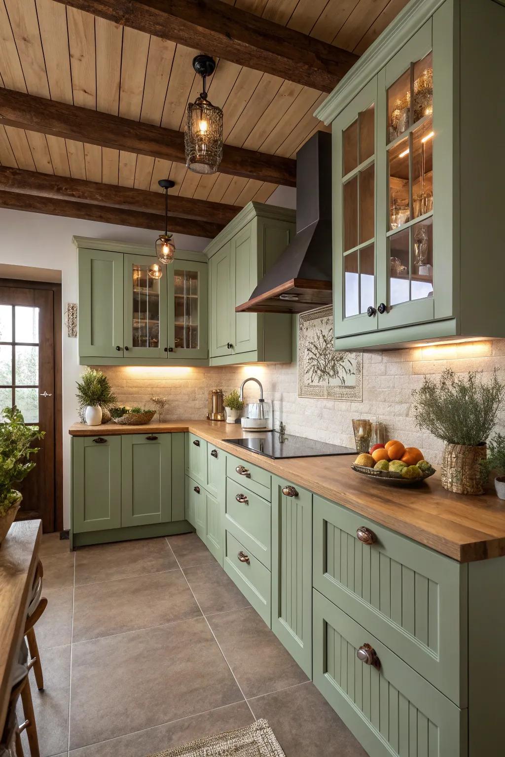 Herbal green shades deliver a natural and peaceful atmosphere to the cooking space.