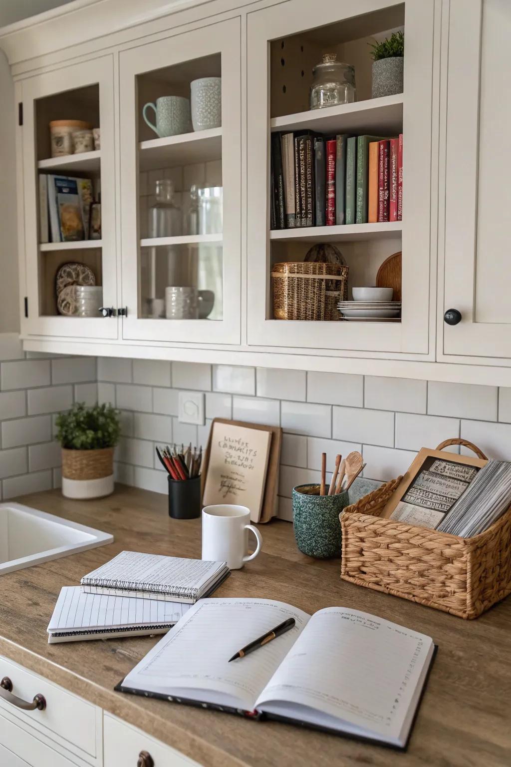 A kitchen desk showcasing smart storage solutions with open shelves and organized cabinets.