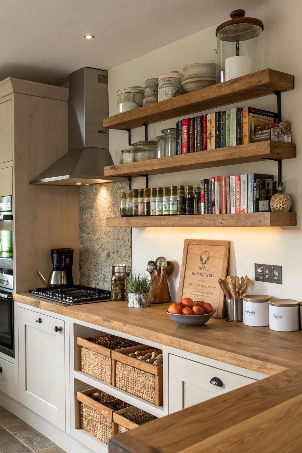Shelves in natural wood infuse any kitchen with a sense of warmth.