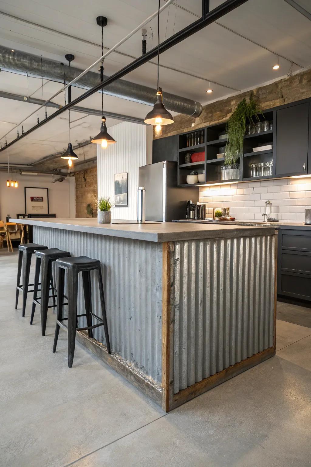 Ribbed metal contributes an urban flair to this kitchen island, crafting a striking statement.