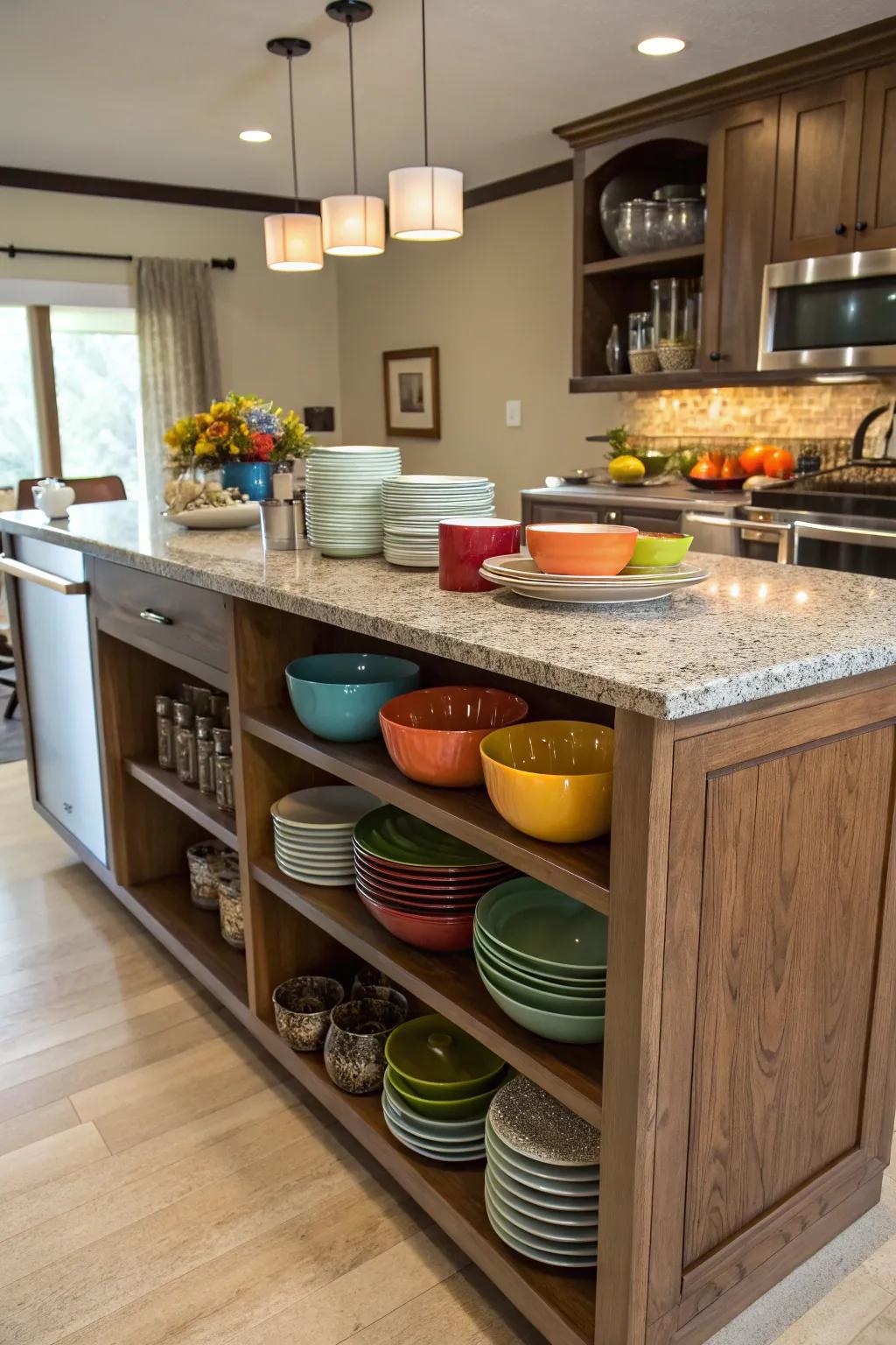 Open shelving infuses both practicality and flair into your kitchen island.