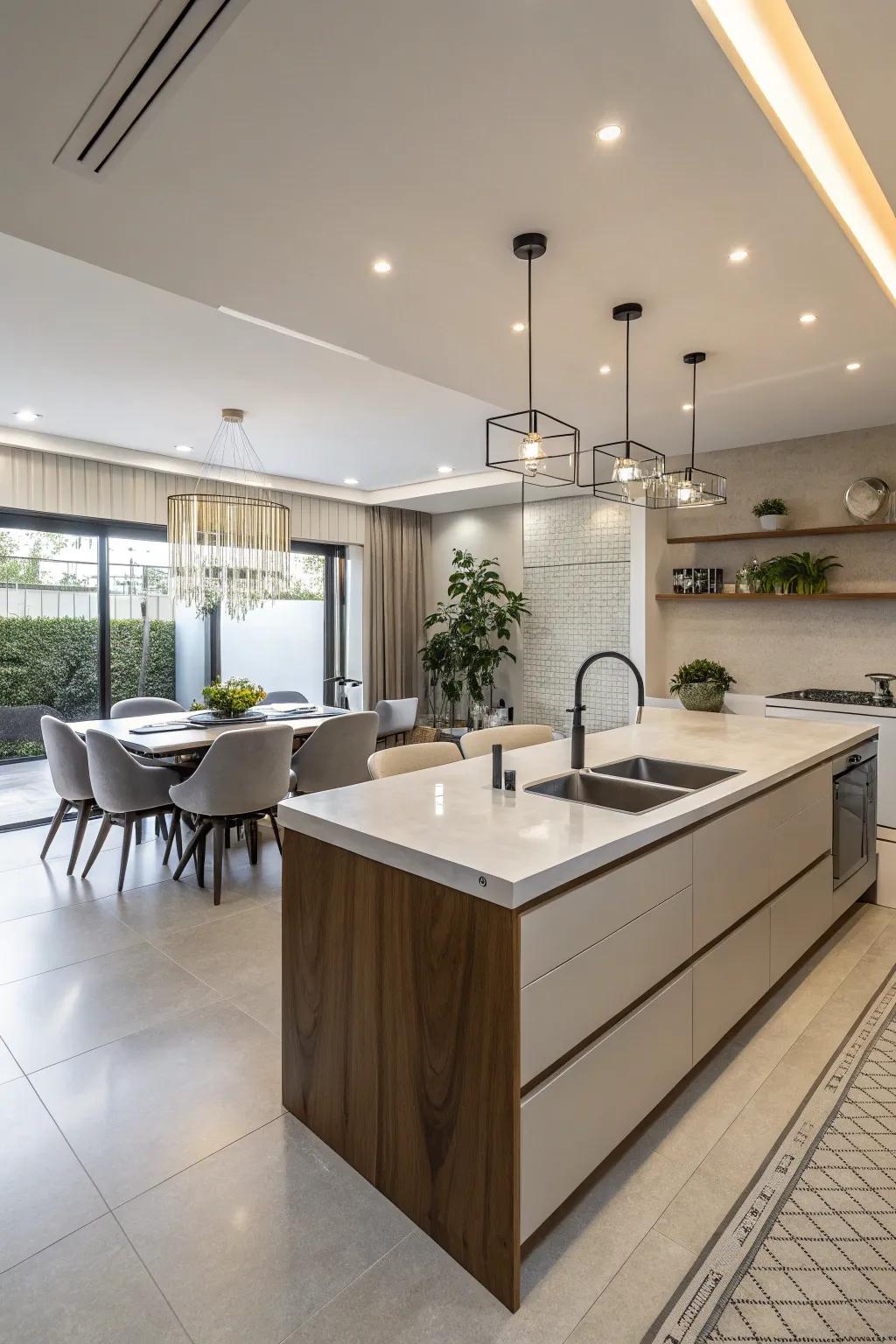 A tiered kitchen island masterfully merges cooking and dining functionalities.