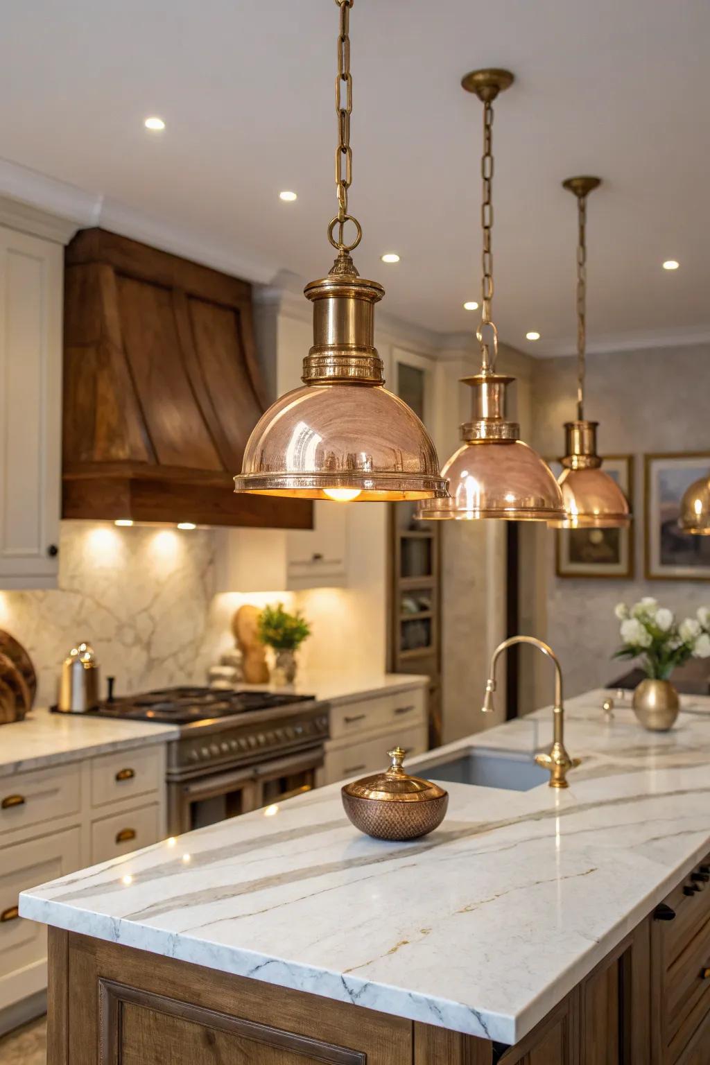 Brass and copper fixtures provide a touch of luxury in this stylish kitchen.