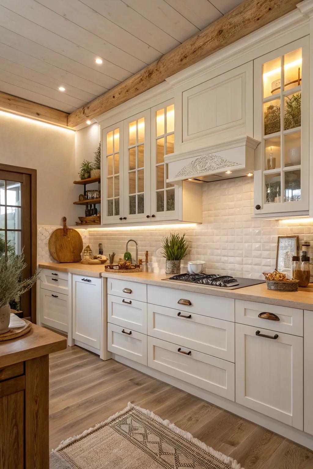 A kitchen designed with a neutral and warm color scheme.