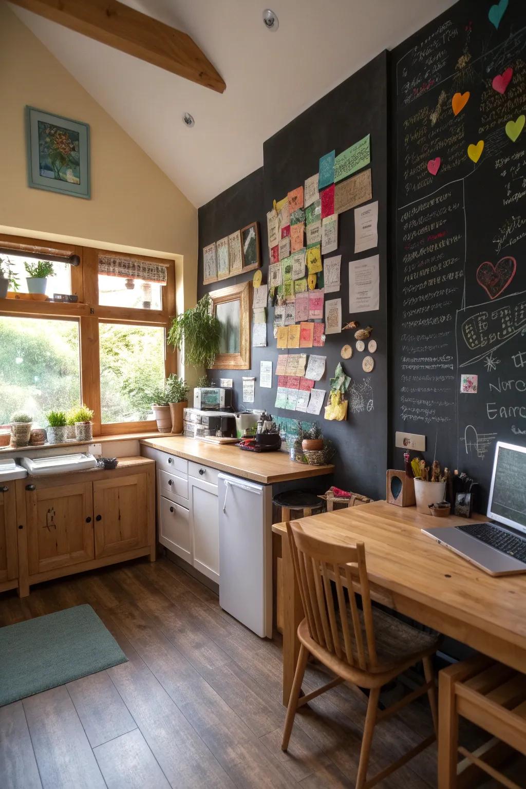 A chalkboard surface keeps your thoughts and reminders visible.