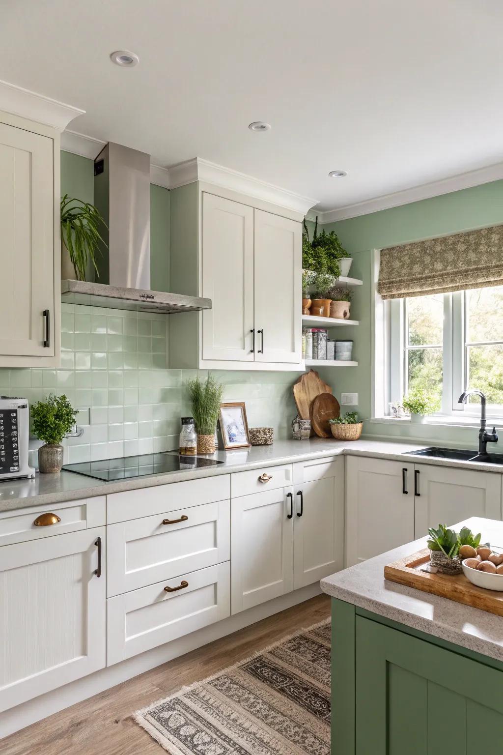 Sage green walls elevate the natural and calm feel of your cooking area.