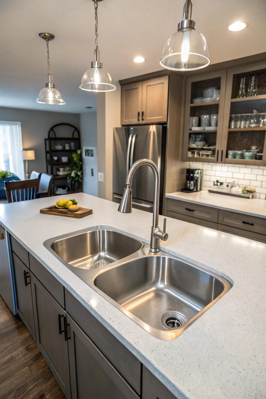 A functional kitchen featuring a double bowl sink for efficient multitasking.