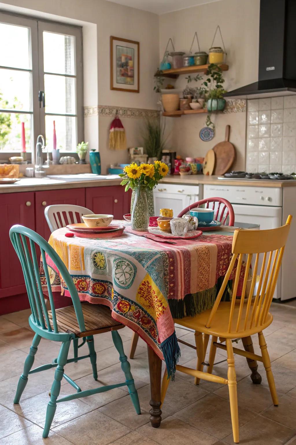 Mismatched chairs bring a fun, eclectic feel to the kitchen.