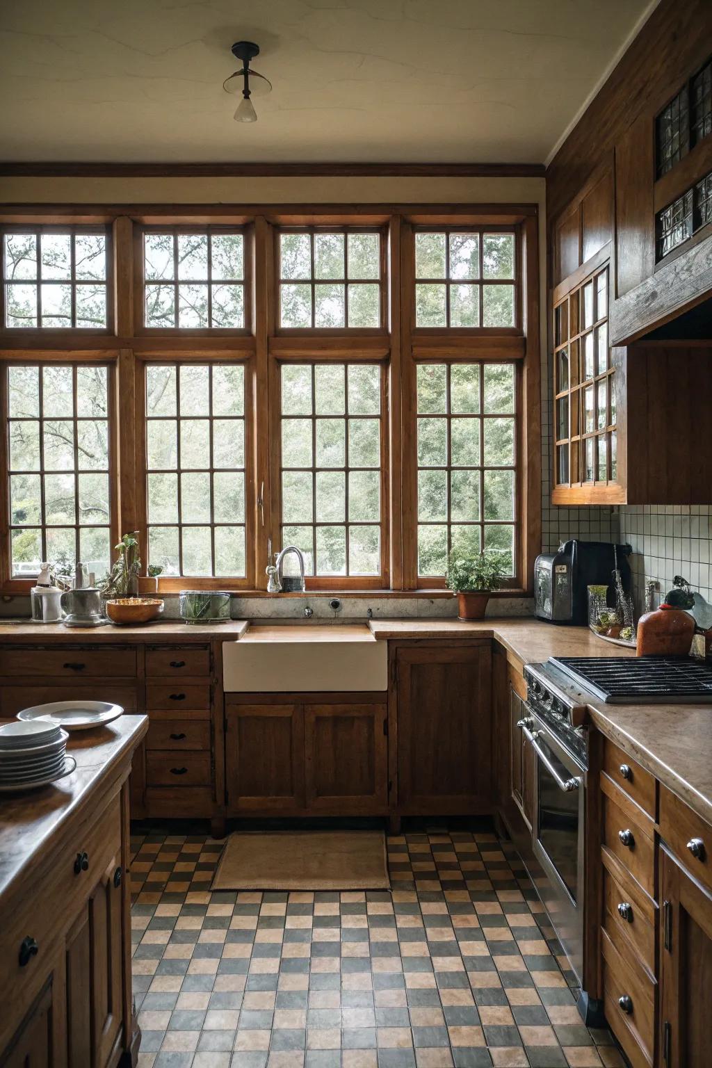 A traditional culinary space embellished with refined lattice-style windows.