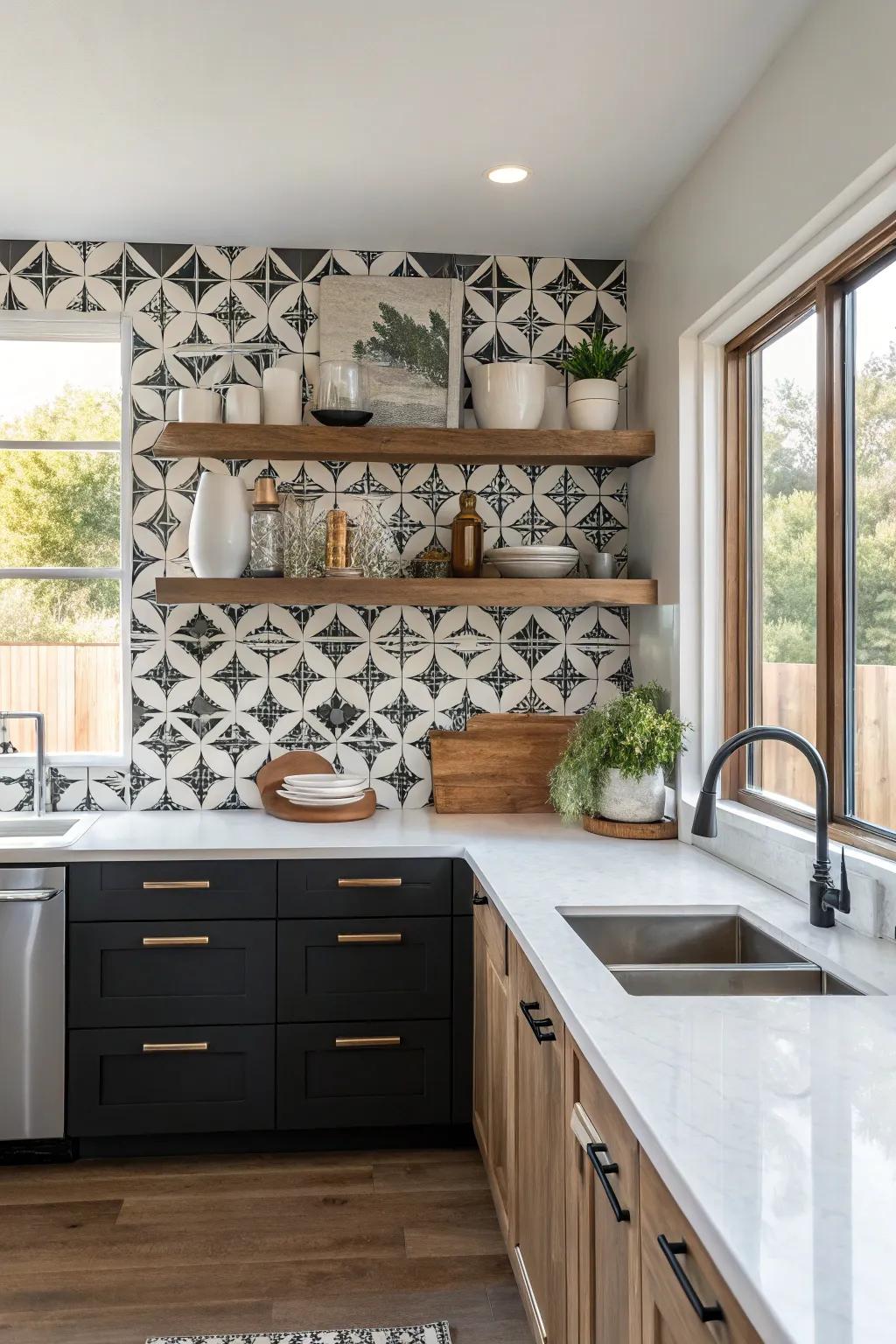 A shaped backsplash brings a dramatic flourish to floating shelves.