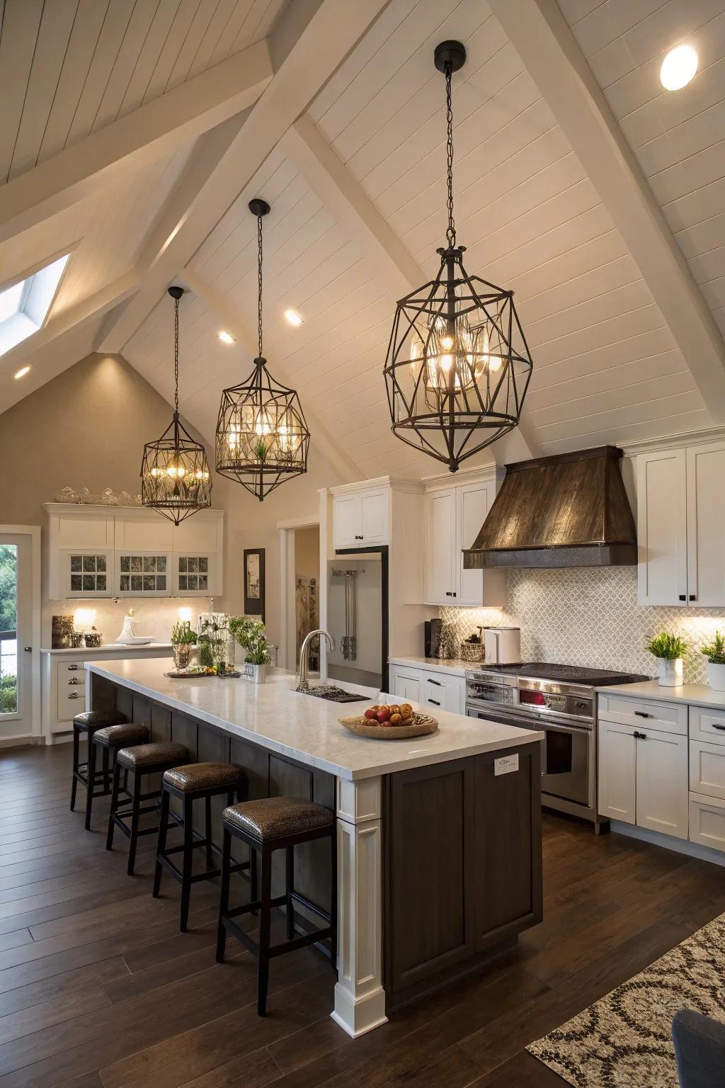 Elegant pendant lights become a refined focal point in this contemporary kitchen with a vaulted ceiling.