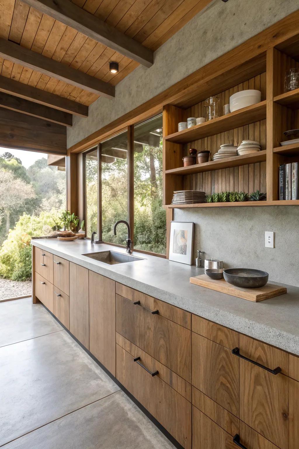 A well-balanced kitchen featuring concrete countertops and inviting wooden accents.