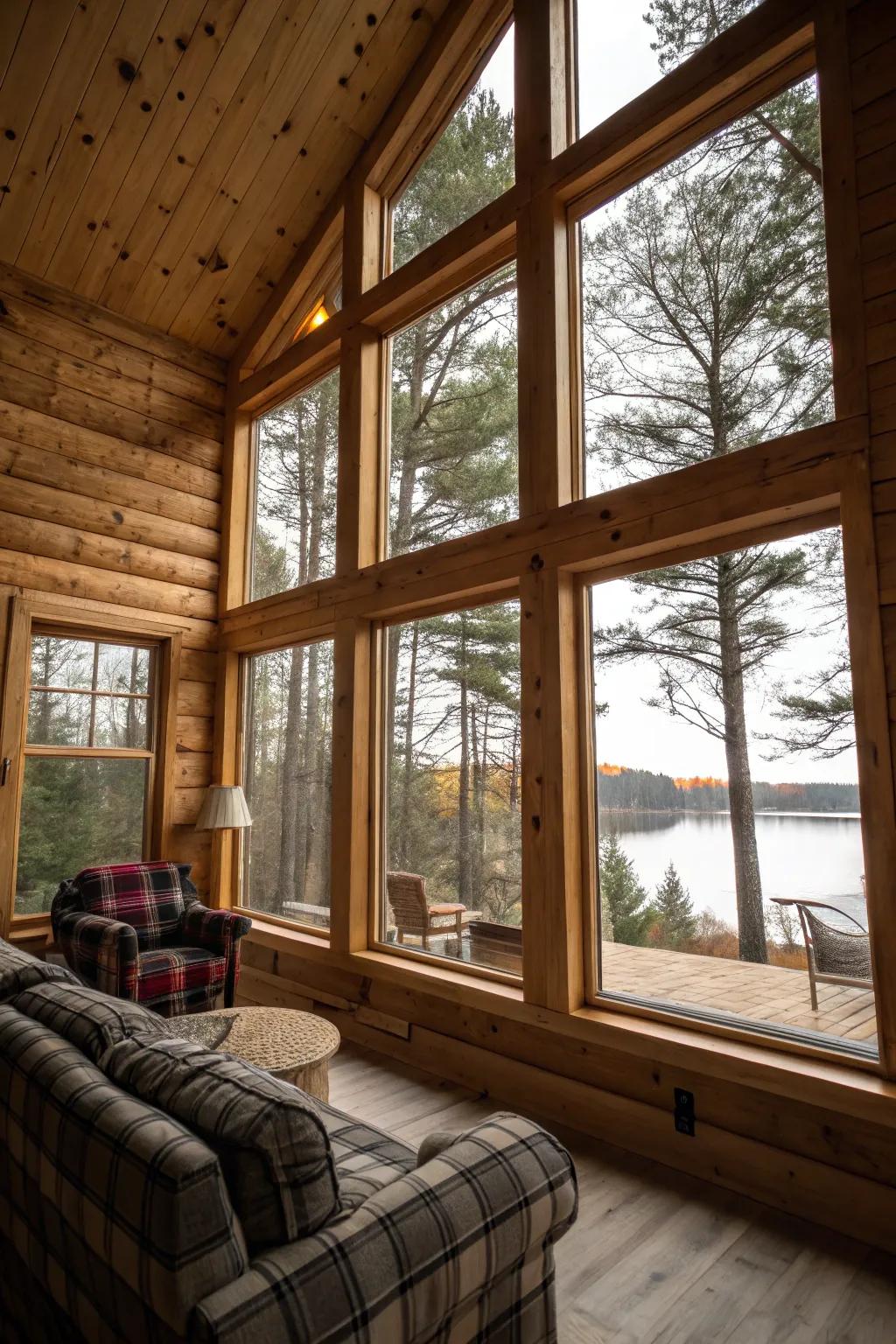 Flowing cabin interior featuring wide glass panels and knotty pine walls.
