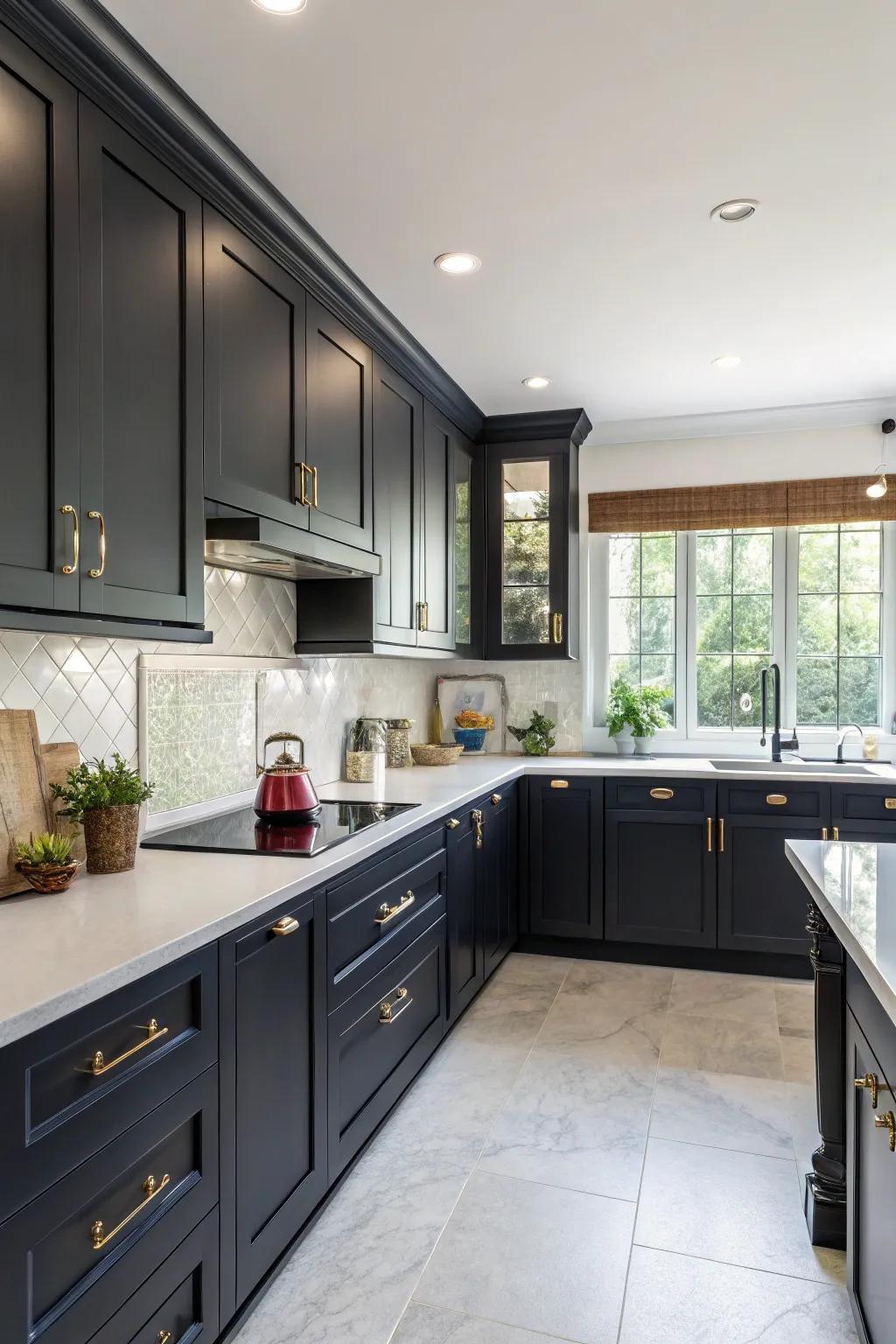 In your L-shaped kitchen, create visual appeal through the use of bold color contrasts.