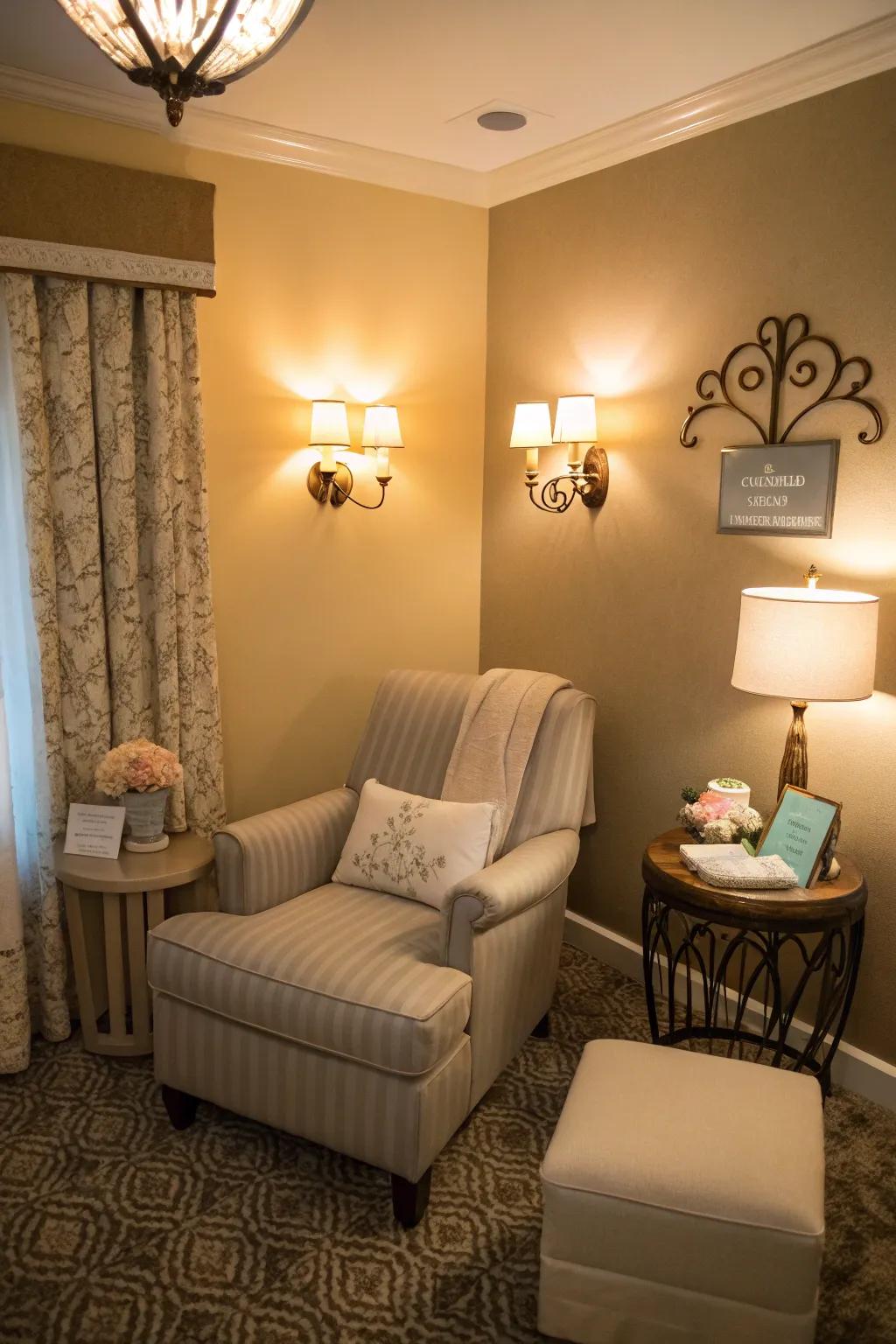Soft lighting elevates the calming atmosphere of a mother's room.