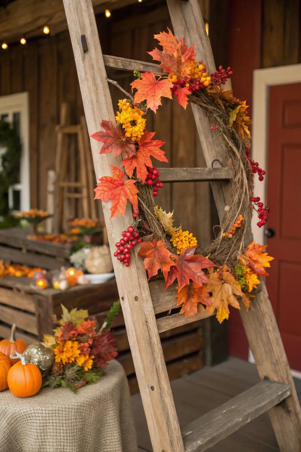 Seasonal decorations on a ladder enhance the festive spirit.