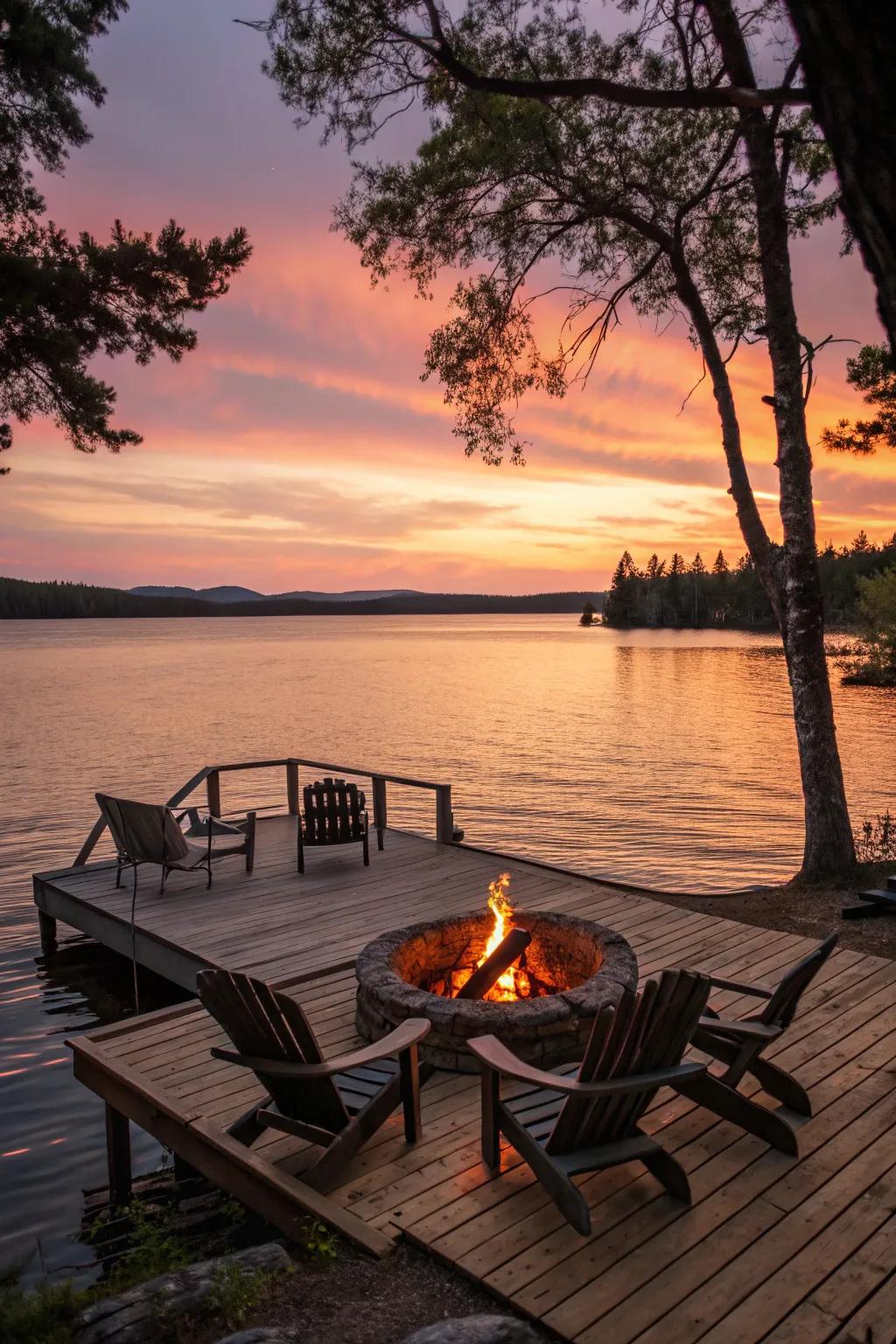 A fireside nook at the pier's end gives a tranquil and distinct waterfront vista.