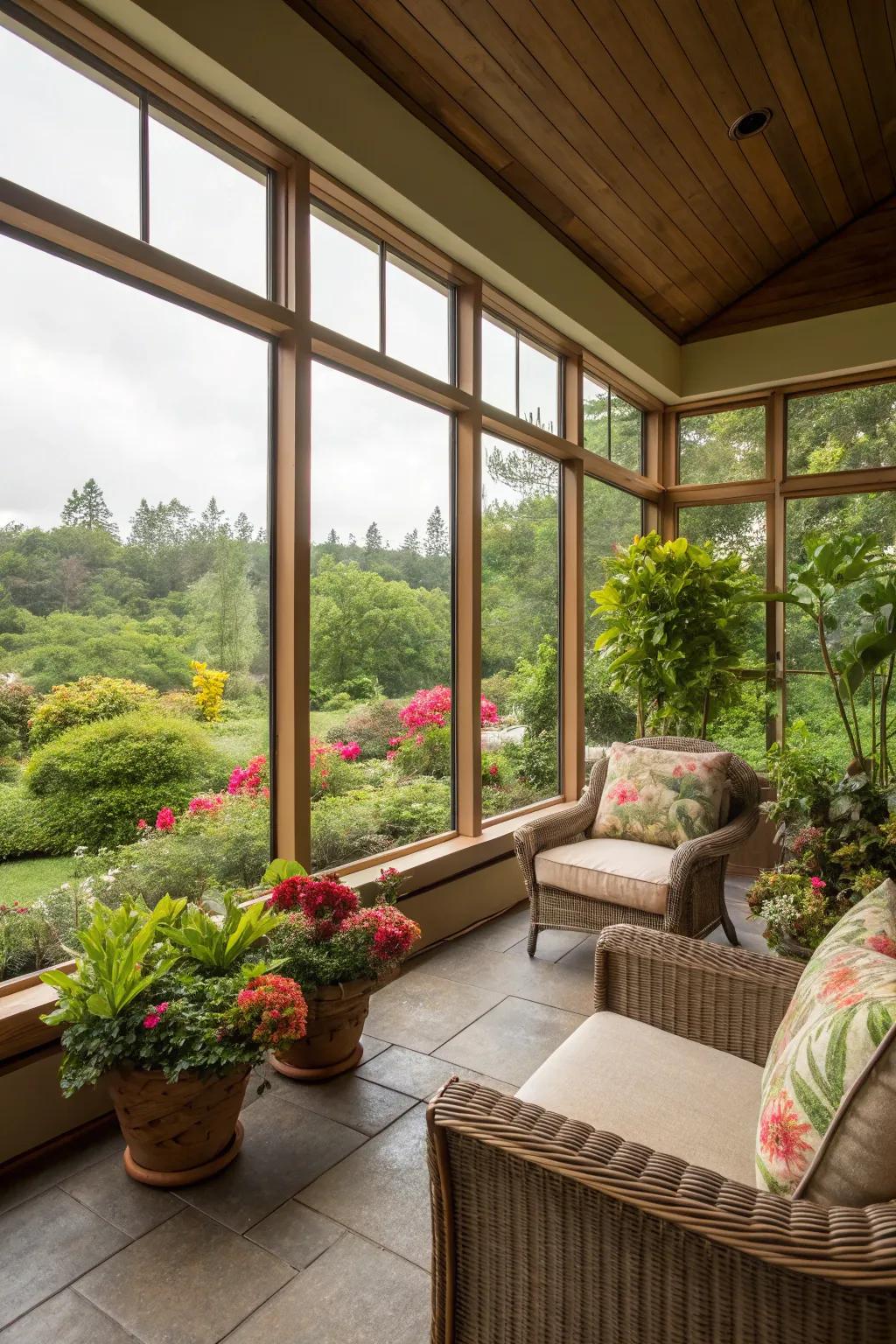 Sunlight streams into this lanai, accentuating the verdure outdoors.