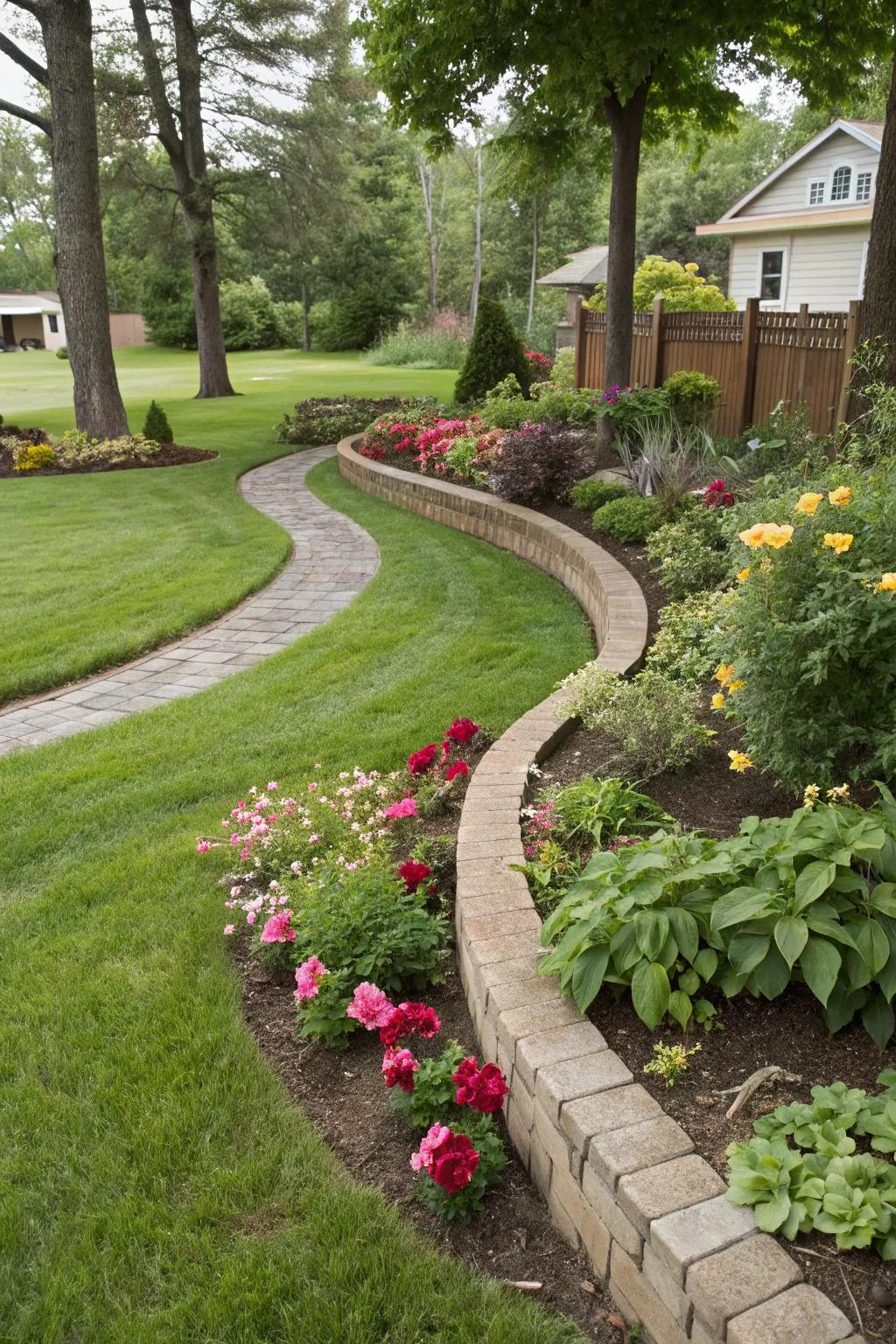 A beautifully arranged garden bed featuring gentle, curved borders.