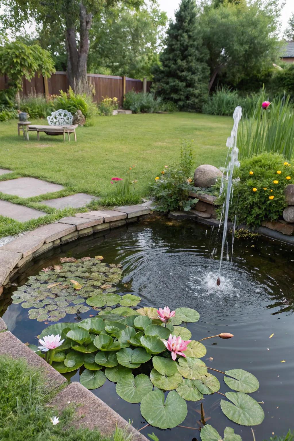 A small garden pond with water lilies and a gentle fountain, crafting a peaceful atmosphere.