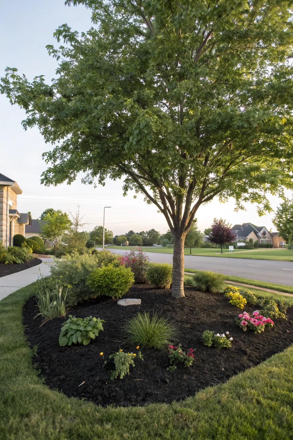 A tree featuring a pristine layer of mulch and vibrant ground cover plants.