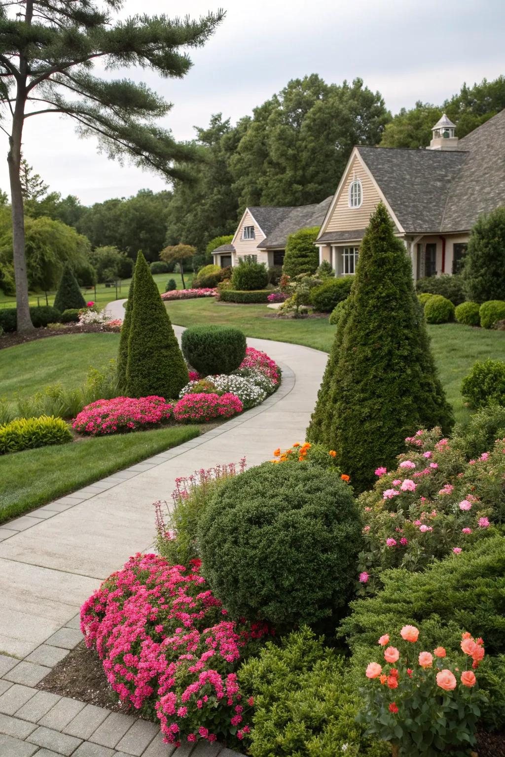 Evergreen shrubs offer year-round structure and enhance the colorful flower beds.