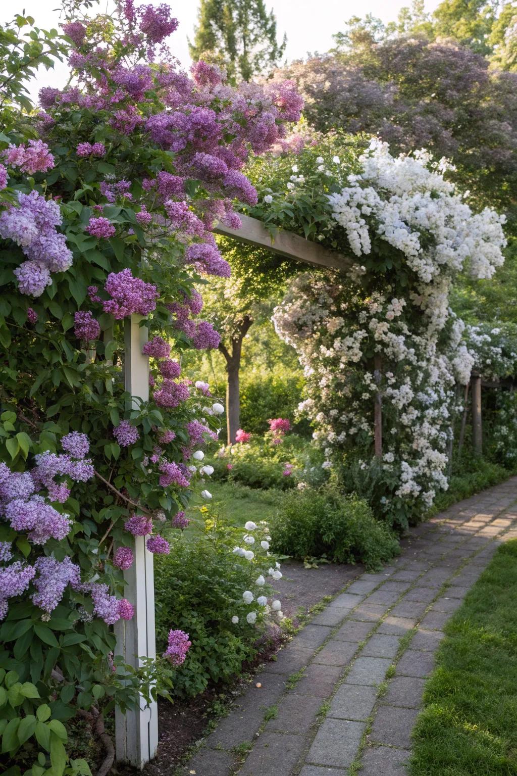 Clematis vines add a splash of color and extend the blooming season of lilacs.