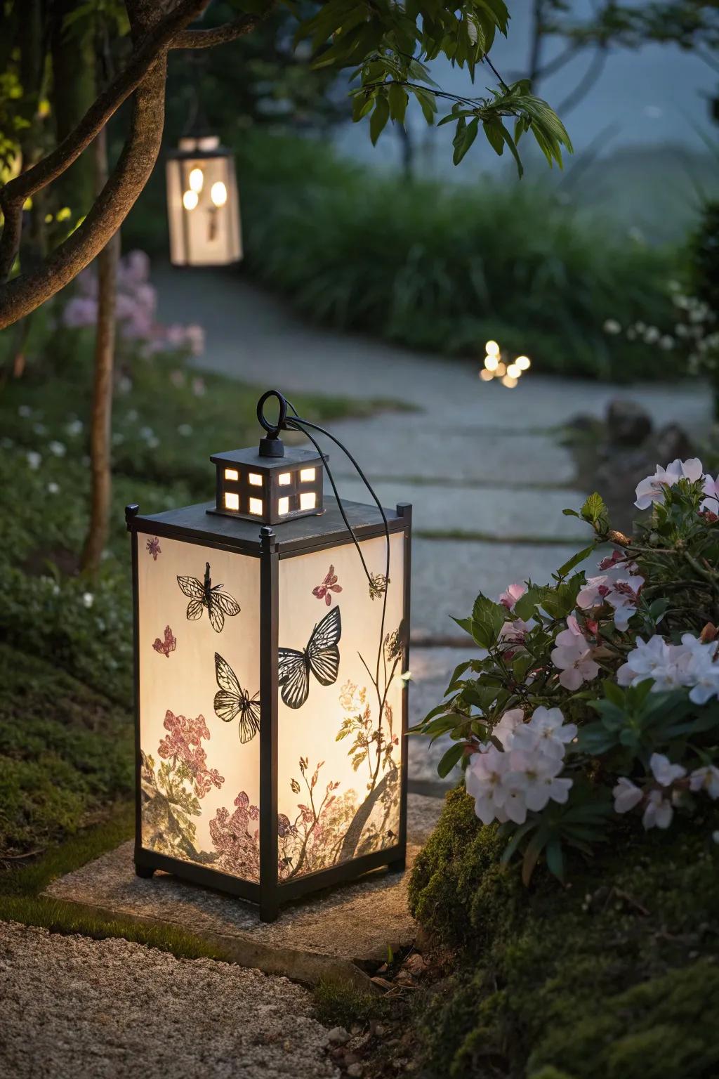 A remembrance lantern embellished with butterfly designs.