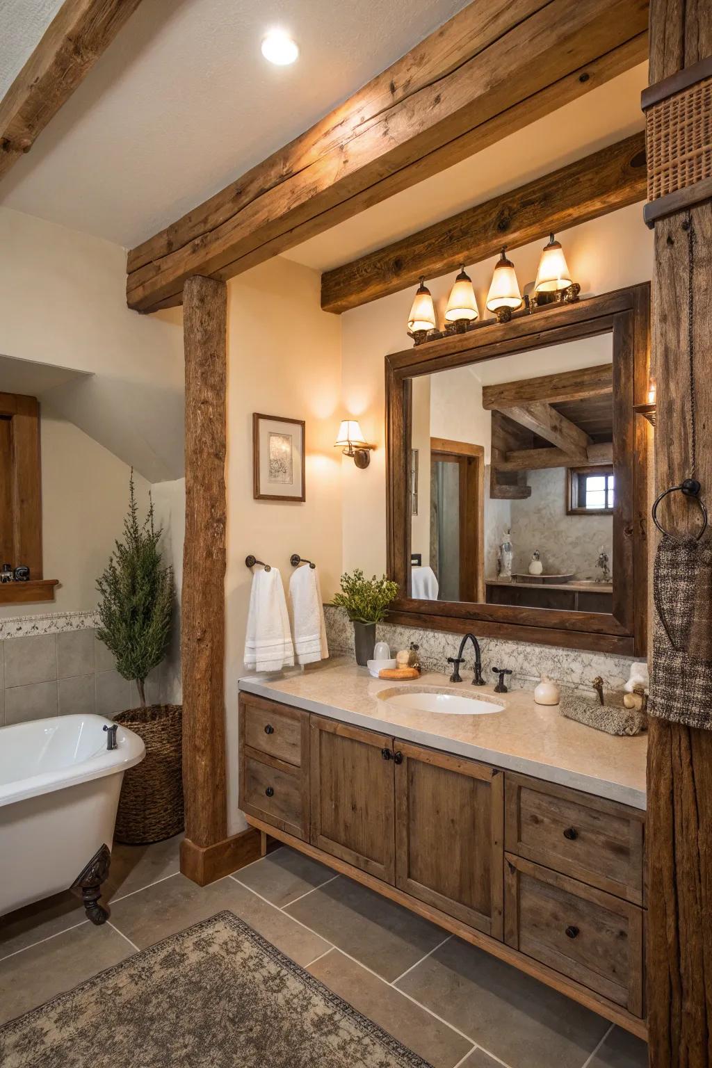 Repurposed wood frames radiate warmth and natural charm to any bathroom.