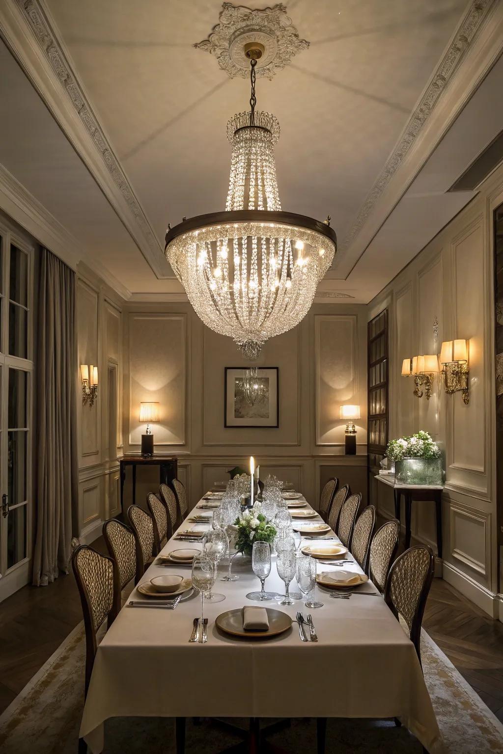 Statement lighting that brings elegance and warmth to the dining zone.