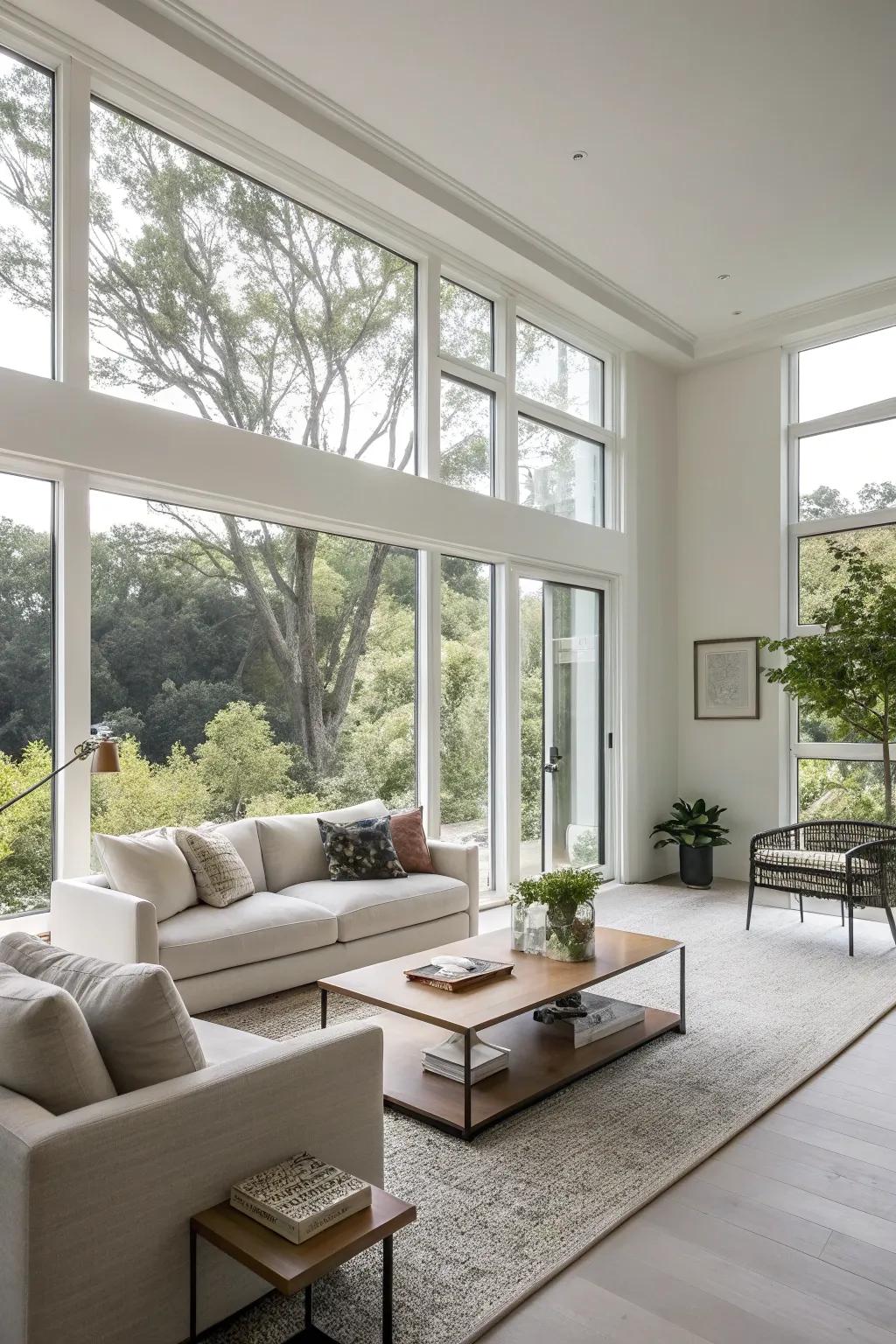 A contemporary living room featuring minimalist window frames that put the view first.