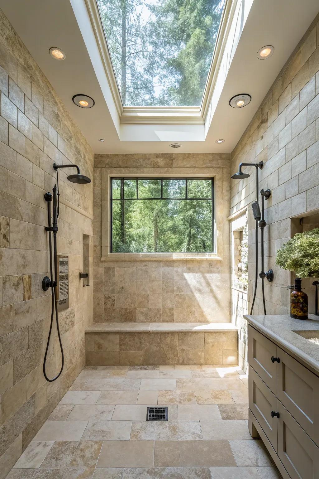 Roof windows can alter your shower into a sunlit sanctuary.