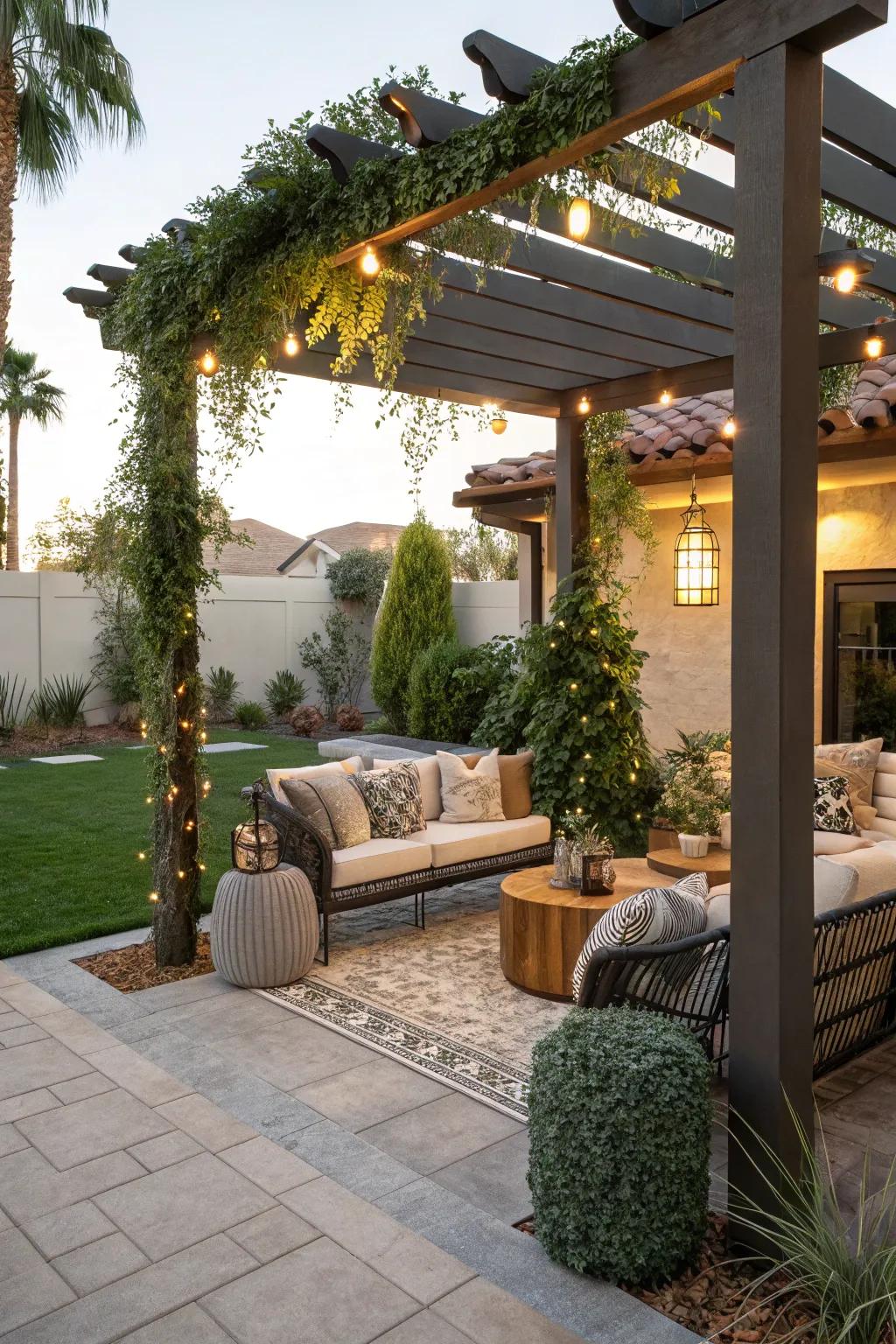 Inviting outdoor seating beneath a pergola in a Las Vegas backyard.