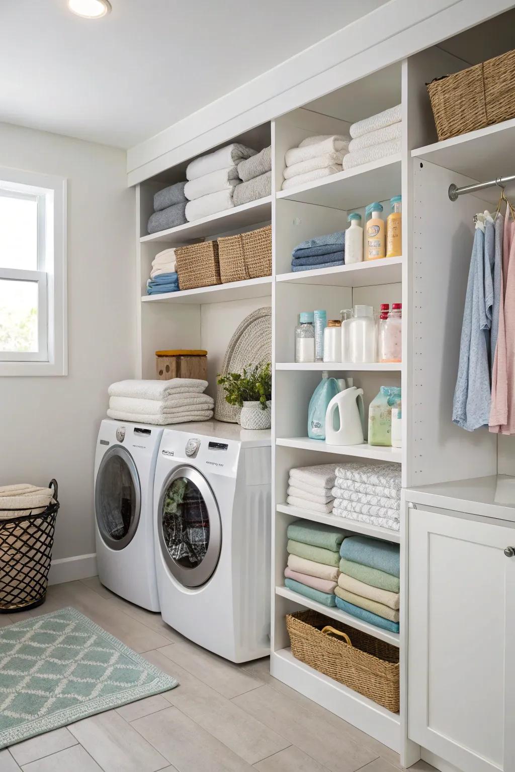 Effective storage solutions integrated into the countertops of a laundry room.