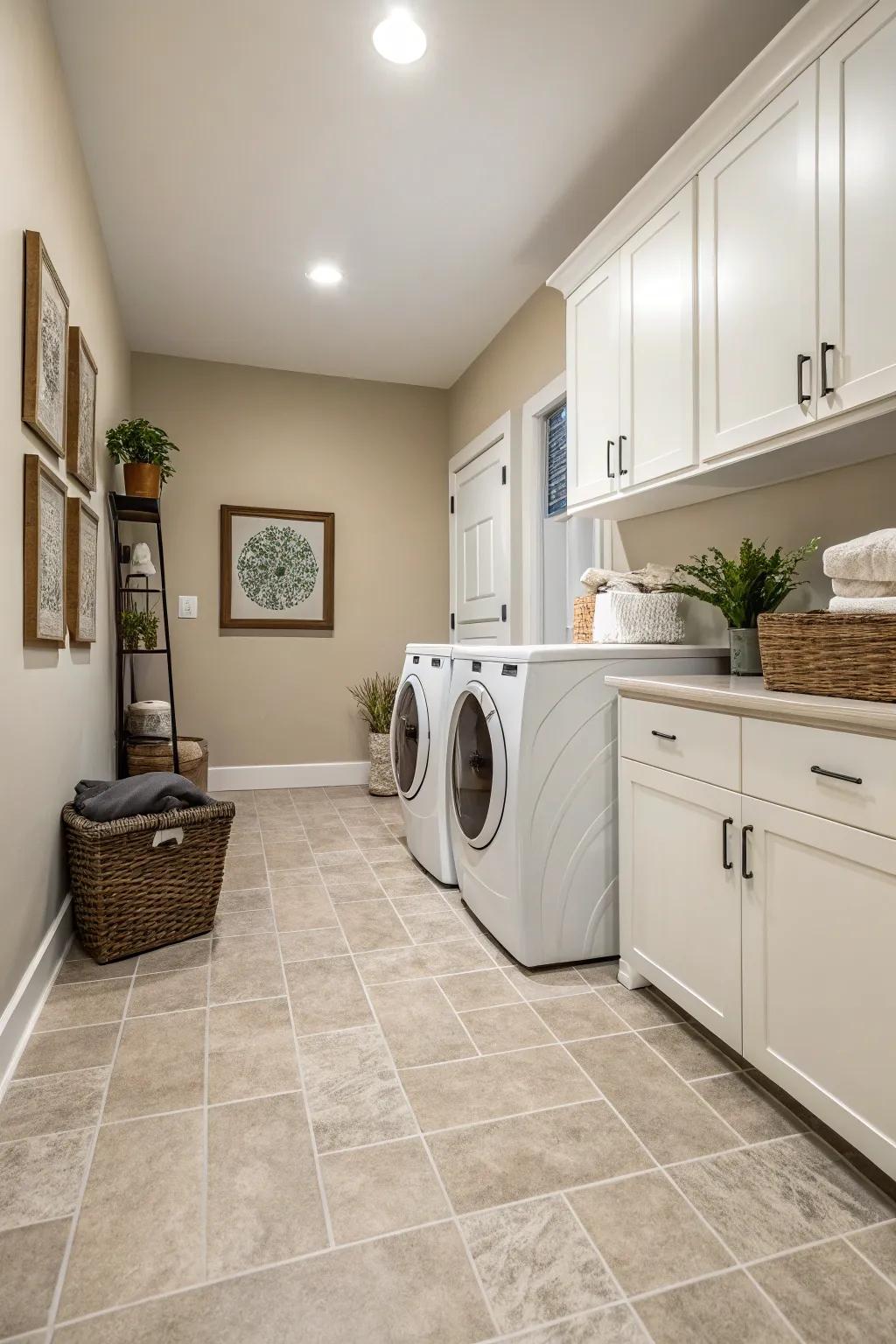 Neutral tones establish a tranquil and modern laundry space.