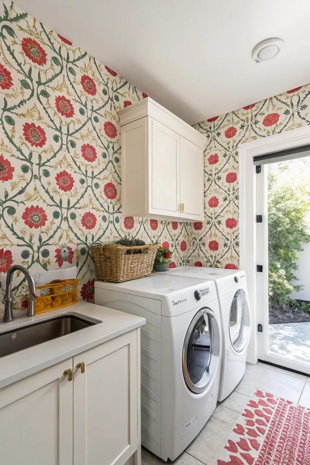 An impressive accent wall dramatically changes the laundry space.