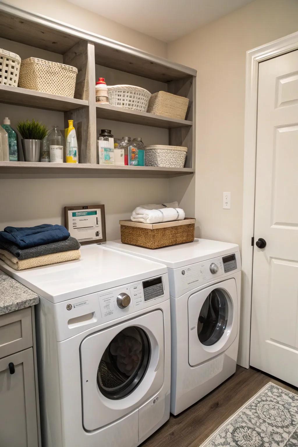 A countertop provides handy workspace for folding laundry.
