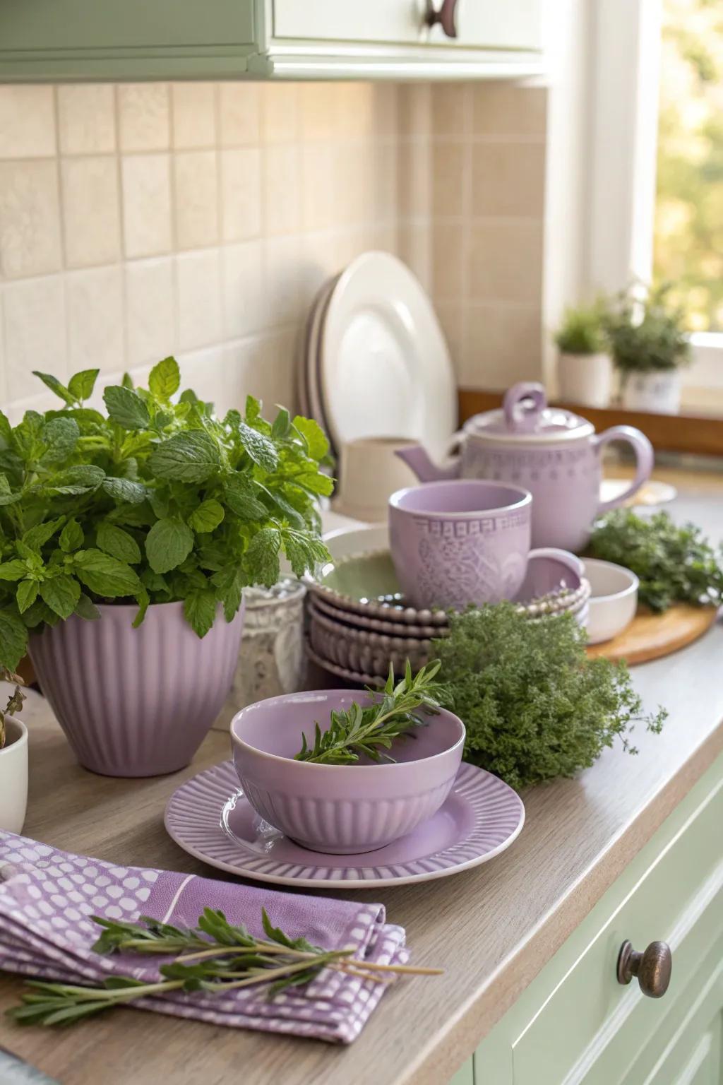 A kitchen showcasing lilac tableware and fresh herbs for a fragrant and stylish space.