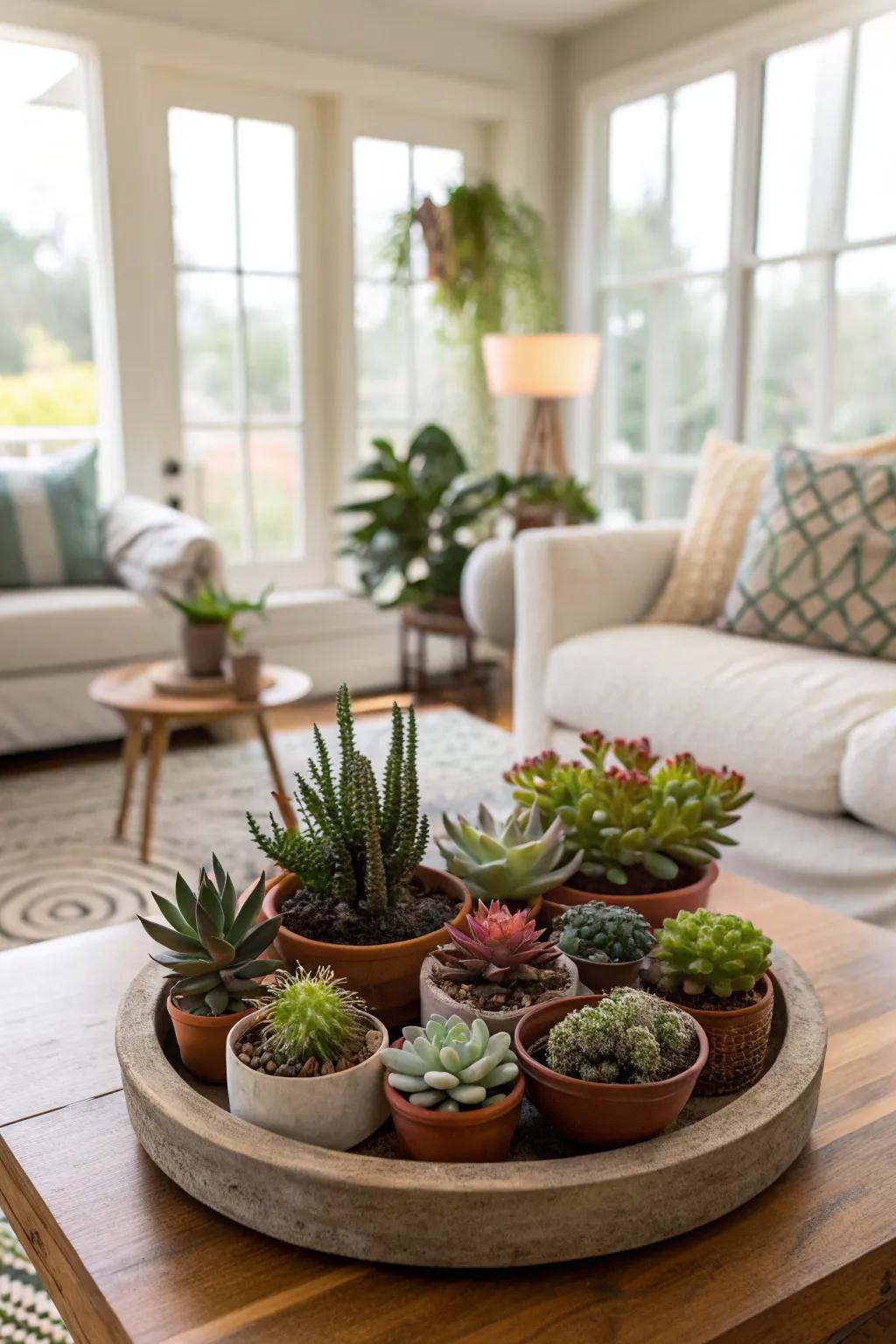 A spinning organizer presenting a lively assortment of small plants and succulents.