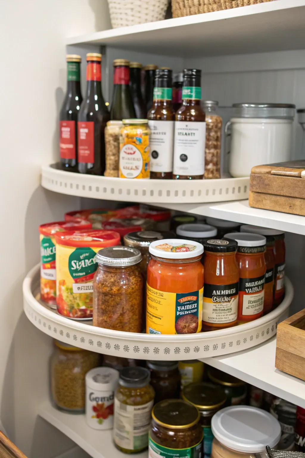 A beautifully organized pantry featuring a <strong>lazy Susan</strong> loaded with canned goods and sauces.&rdquo; loading=&rdquo;lazy&rdquo; class=&rdquo;pimg&rdquo;>
	</picture><figcaption>A beautifully organized pantry featuring a <strong>lazy Susan</strong> loaded with canned goods and sauces.</figcaption></figure>
<p>Use a <strong>lazy Susan</strong> to its fullest in your pantry for the best storage and access. It&rsquo;s great for organizing cans and sauces, keeping everything visible and within easy reach.</p>
<h3>Try these:</h3>
<ul class=