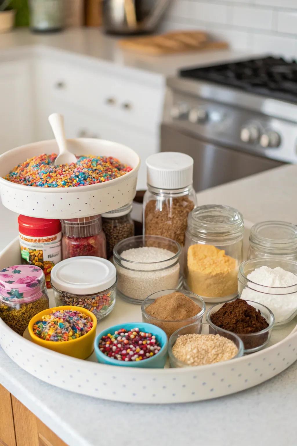 Assemble your baking supply station with a neatly arranged spinning organizer.