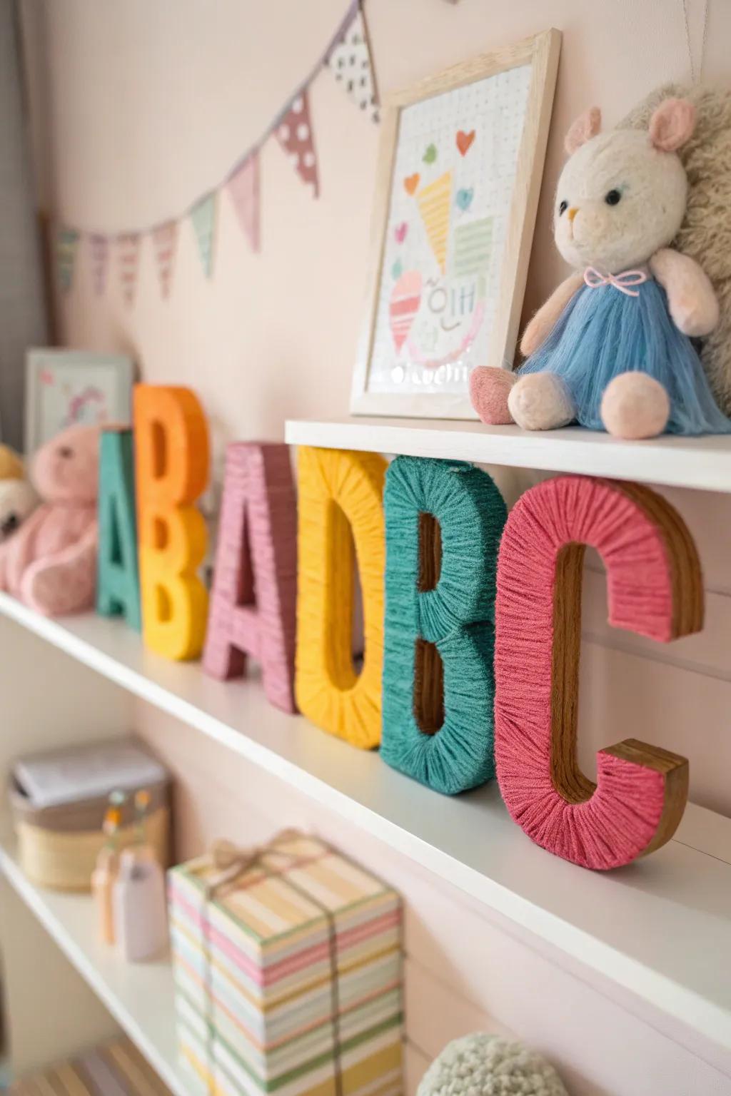 Yarn-wrapped letters bringing a cozy feel to a baby room.