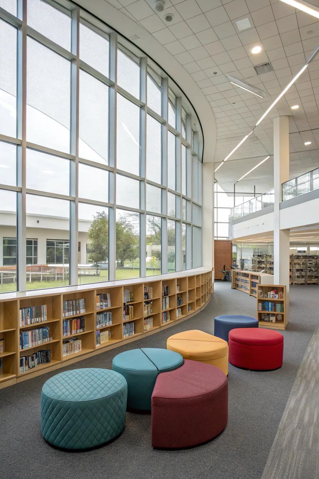 A flexible library area furnished with modular couches and cushions for varied uses.