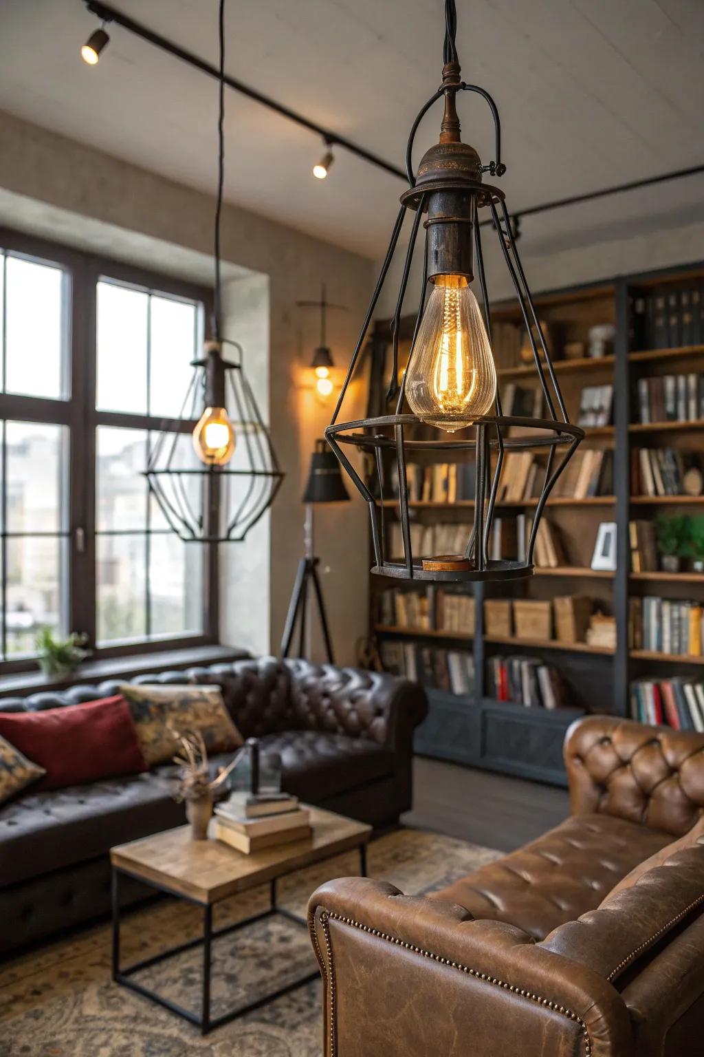 Factory inspired lighting brings an urban sophisticated touch to any space.