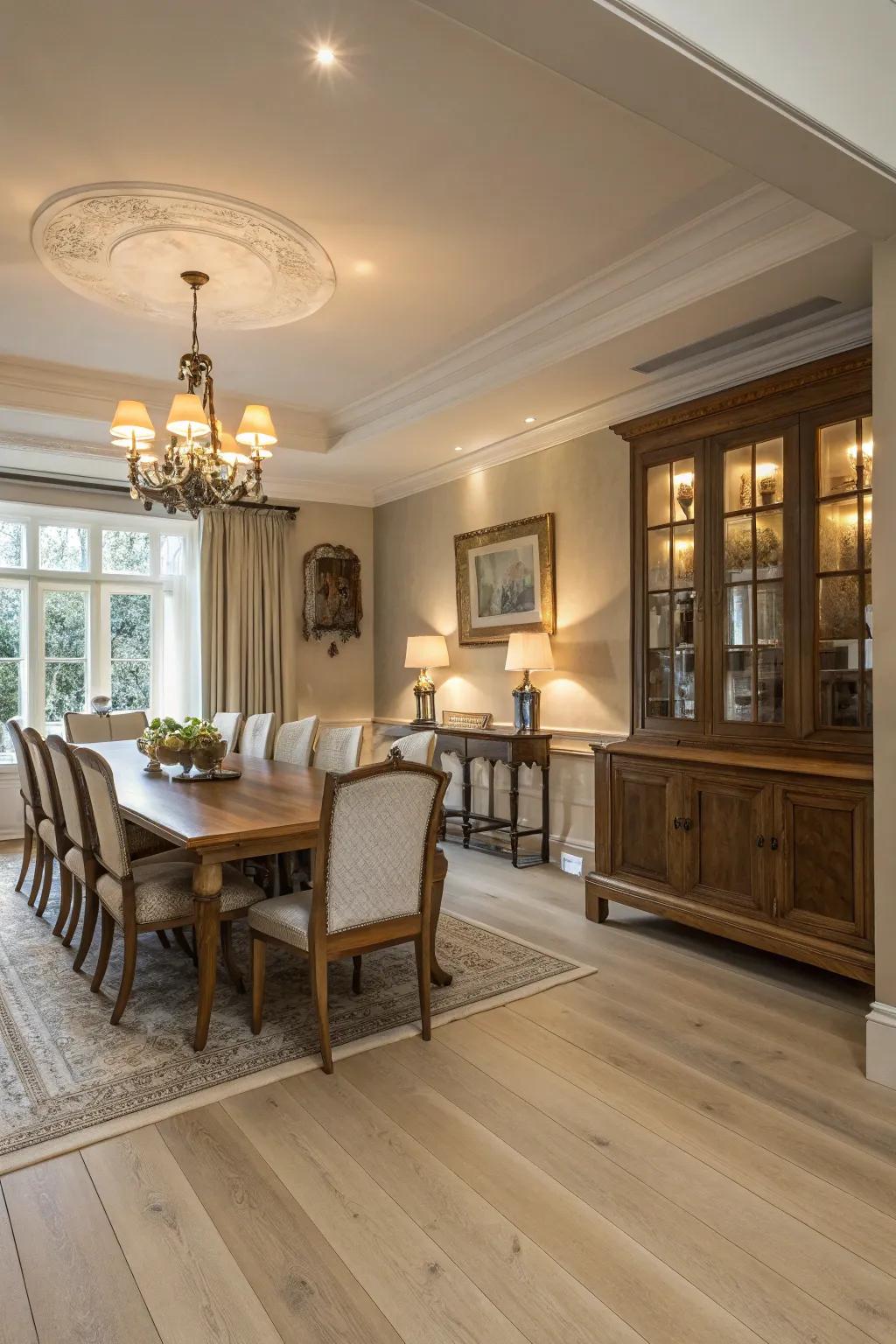 Light cream white oak flooring adds timeless elegance to this dining area.